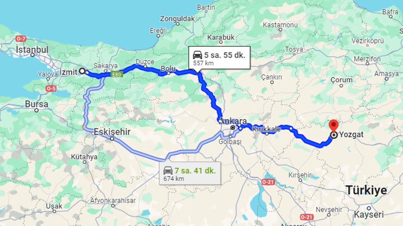 Yozgat-Kocaeli arası kaç km? Yol güzergahı?