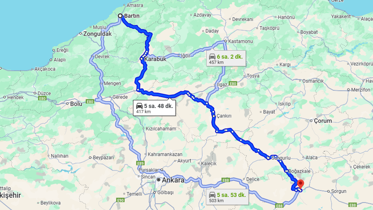 Bartın-Yozgat arası kaç km? Bartın-Yozgat arası ne kadar sürer?