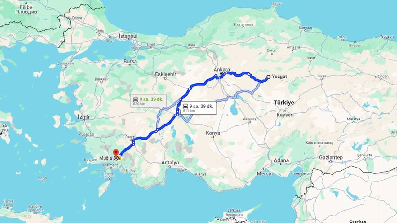 Yozgat-Muğla arası kaç km? Yol tarifi?