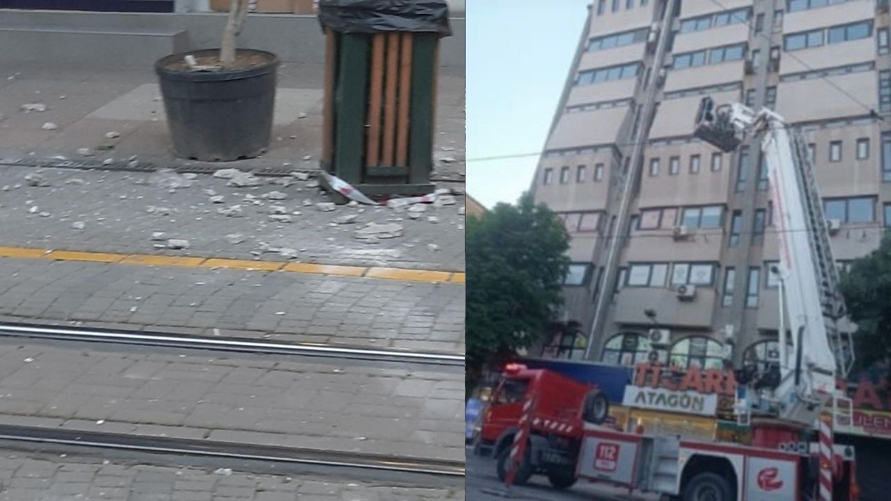 Binanın dış cephesinden kopan beton parçalar yayaların arası