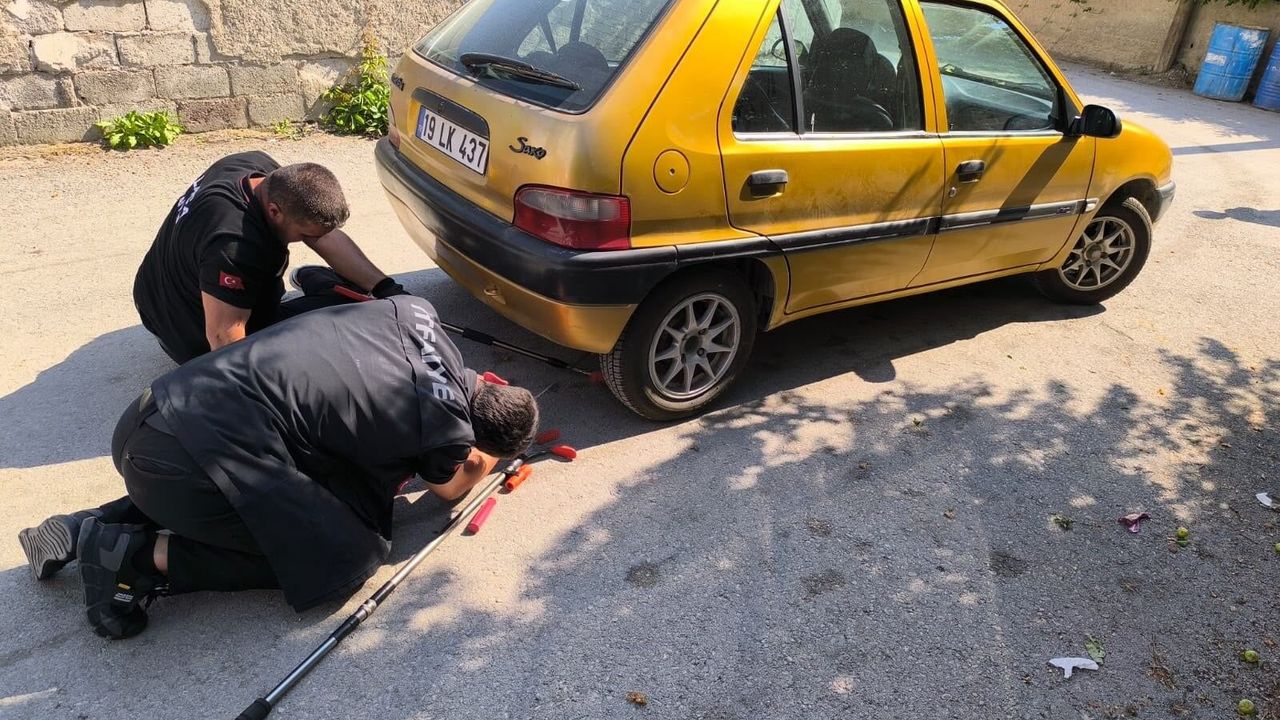 Otomobilin altına giren yılan itfaiye ekiplerince çıkarıldı