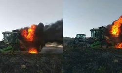 Hasat sırasında alev alan biçerdöver kullanılamaz hale geldi