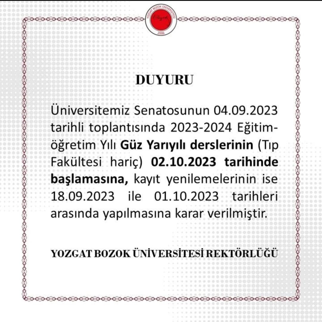 Yozgat Bozok Üniversitesi Senatosu'ndan öğrencilere kritik karar Güz Yarıyılı ne zaman