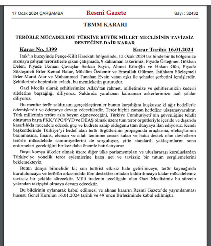 Tezkere Resmi Gazete'de yayımlandı Türkiye teröre karşı