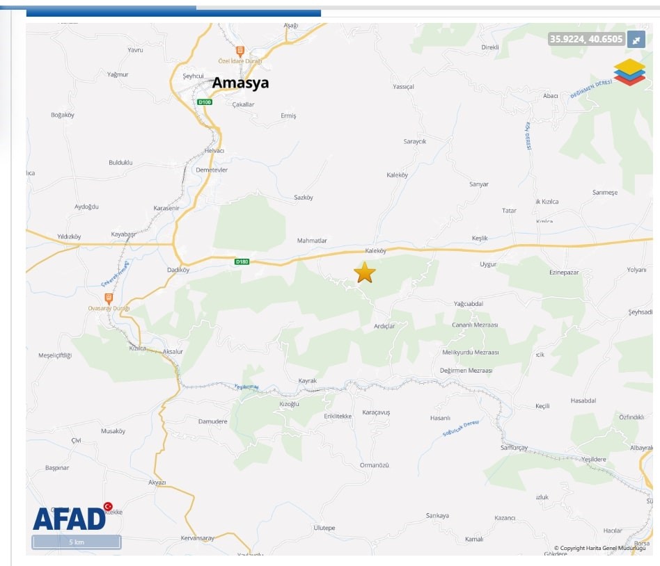 Amasya'da 3.2 Büyüklüğünde Deprem